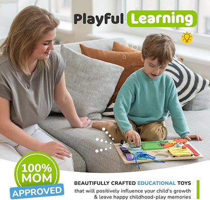 deMoca Sensory Busy Board for Toddlers, Premium Wooden Toddler Busy Board for 1 2 3 Year Old with 10 Educational Activities for Fine Motor Skills, Fidget Activity Toy for Travel