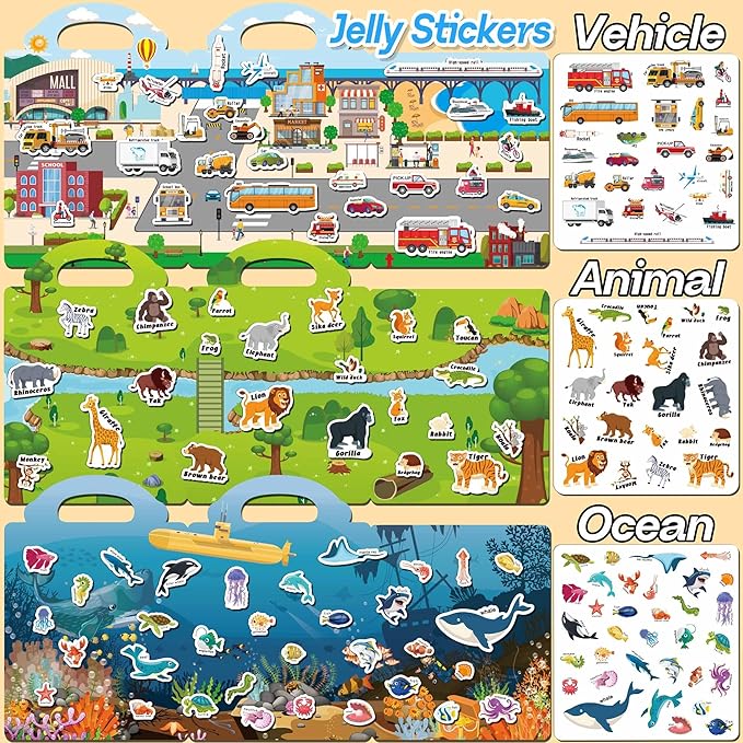 iGetooy 6 Sets Reusable Sticker Book for Toddlers 1-3, Jelly Sticker Books for Toddlers 2-4 Years, Toddler Travel Toys for Kids 2 3 4 Year Old Girls Boys