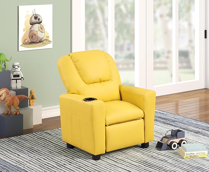 22" Kids Recliner Chair,Home Chirdren Seating with Cup Holder,Adjustable Footrest,Ergonomic Toddler Furniture w/Tilt Function,PU Leather,for Children,Boys & Girls, Living Room,Yellow