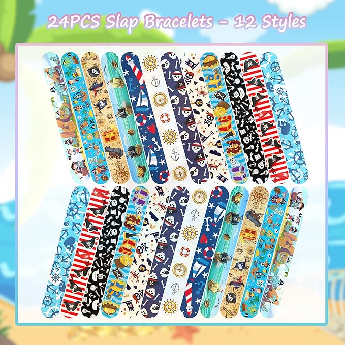 Viicoor 24 PCS Slap Bracelets Pirates Snap Bracelet Wrisrtband for Party Favors Basket Bag Filler School Prizes Birthday Exchanging Gifts Goodies Gadget Bulk (14-Pirates-24PCS)