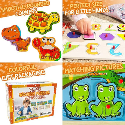 7 Pack Wooden Puzzles for Toddlers 2 3 4 5 Years Old - 7 Colorful Chunky Wood Peg Puzzles for Kids Ages 2-5, Alphabet Shape Numbers Fruits Sea Animals Dinosaur Zoo - Educational Toddler Learning Toys