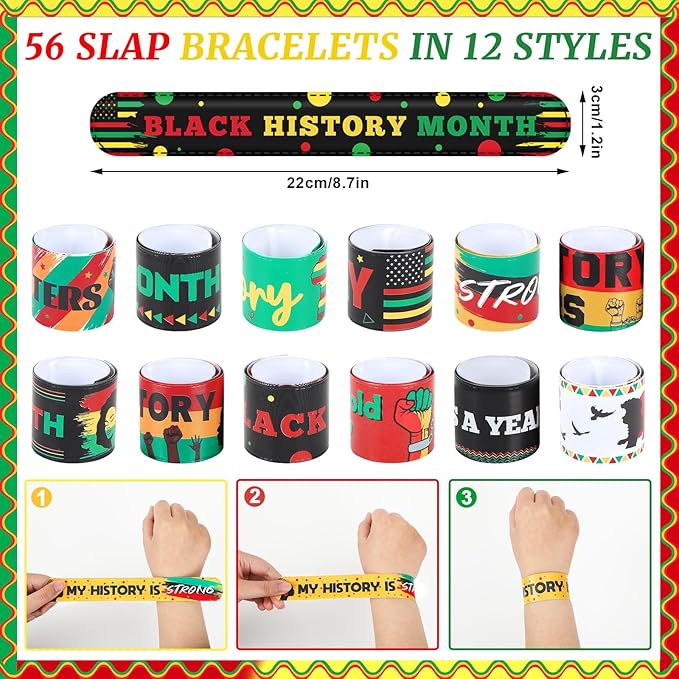 JUNEBRUSHS 56Pcs Black History Month Slap Bracelets, Black History Month Wristbands Bracelets Bulk for Kids Adult Black History Month Party Favors Accessories Gifts Decorations