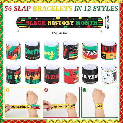 JUNEBRUSHS 56Pcs Black History Month Slap Bracelets, Black History Month Wristbands Bracelets Bulk for Kids Adult Black History Month Party Favors Accessories Gifts Decorations