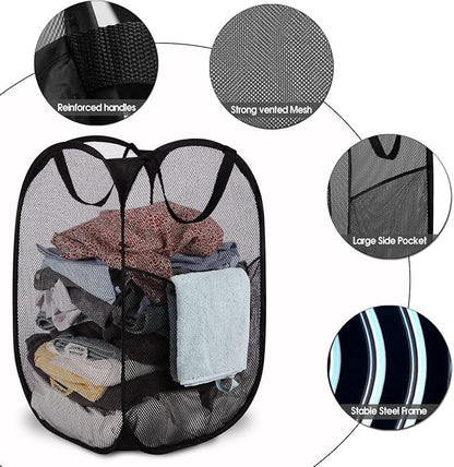 BATTOO Deluxe Strong Mesh Pop up Laundry Hamper Basket with Side Pocket Foldable Hamper for Laundry Room, Bathroom, Kids Room, College Dorm or Travel Navy + Black