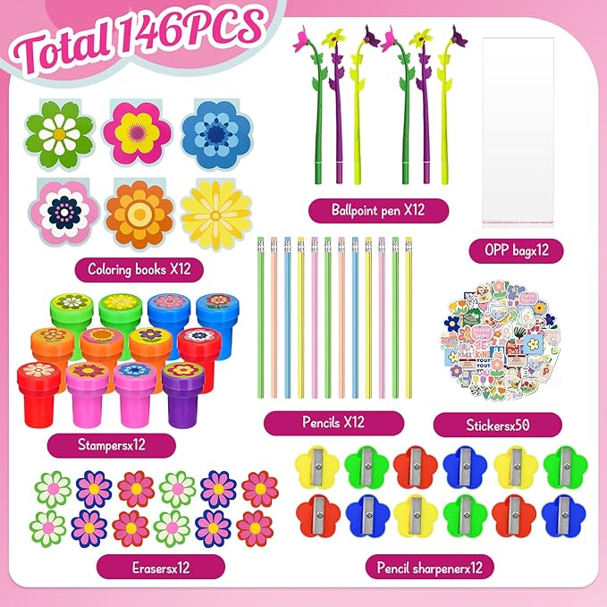 Cinrobiye 134 Pcs Flower Summer Party Favors Bulk,Daisy Party Suppiles,Tea Party Goodie Bag Stuffers,Summer Garden Birthday Party Gifts,School Supplies Class Reward Prizes Stationery Set