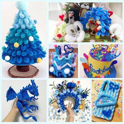 TOAOB 100pcs Pipe Cleaners Lake Blue Chenille Stems Craft Supplies 6mm x 12 Inch Fuzzy Sticks with 100pcs Googly Eyes for Art DIY Crafts Decorations