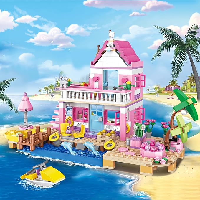 Pink Girls Seaside Beach Villa Friends Building Set Compatible with Lego Friends Construction Educational Toy for Kids Age 8-12 and Up 822 PCS