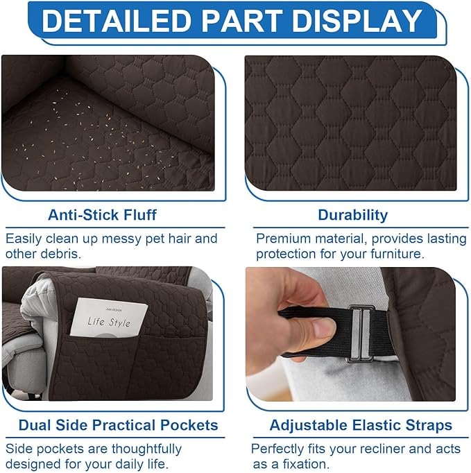 100% Waterproof Recliner Chair Covers, Anti-Slip Recliner Cover, Washable Recliner Slipcover with Pocket, Elastic Straps for Pets, Dogs, Brown