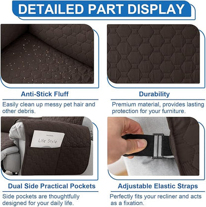 100% Waterproof Recliner Chair Covers, Anti-Slip Recliner Cover, Washable Recliner Slipcover with Pocket, Elastic Straps for Pets, Dogs, Brown