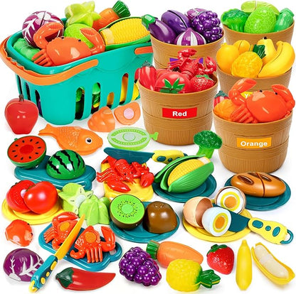 Play Food Set for Kids Kitchen- 68 Pcs Kitchen Food Toy for Toddlers, Cutting & Color Sorting Fake Food/ Fruit/ Vegetable Accessories, Birthday Gifts for 2 3 4 5 Years Old Boys Girls