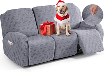 TAOCOCO Recliner Sofa Covers Stretch Reclining Couch Cover, Jacquard Recliner Couch Cover for 3 Seat Furniture Protector Sofa Slipcovers with Elastic Bottom for Kids, Pets (Light Grey)