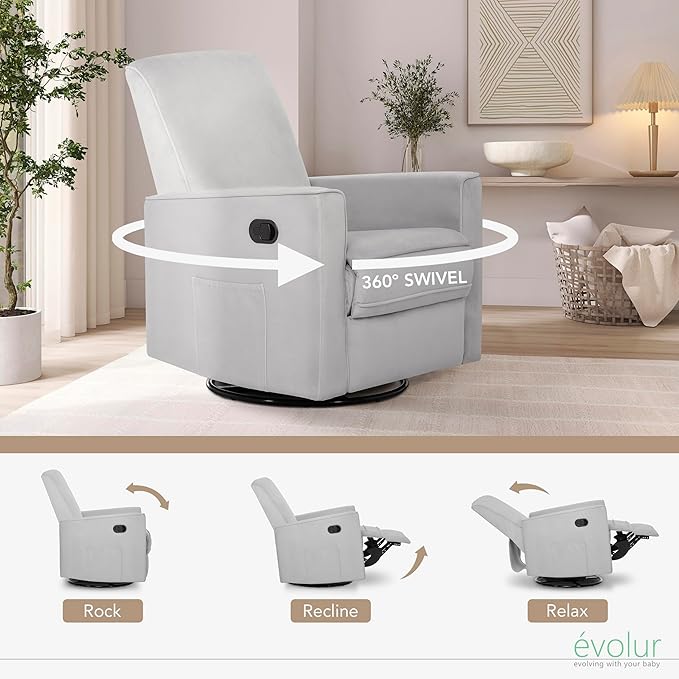 Evolur Raleigh Glider in Grey, Upholstered Plush Seating 360° Swivel Glider Rocking Chair, FSC Certified, Greenguard Gold & JPMA Certified Nursery Glider Recliner
