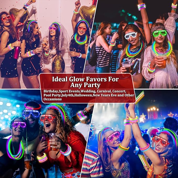 TURNMEON 148 PCS Glow in the Dark Party Supplies Light Up Toys with 24 Led Glasses, 24 Flashing Bracelets and 100 Glow Sticks Bulk Party Favors for Kid Adult Birthday Wedding Carnivals Concert