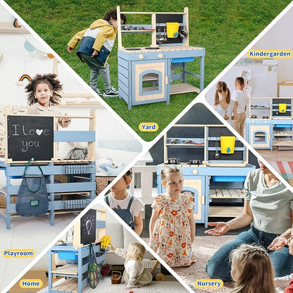 2 in 1 Mud Kitchen for Kids,Outdoor Play Kitchen & Grocery Store with Sink & Faucet,Blackboard,Utensils,Stove Top,Storage Bag,Backyard Garden Worktop Toy Toddler Kitchen for Boys and Girls
