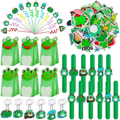 98 Pcs Frog Party Favor Supplies Set Include Frog Party Paper Bags Frog Stickers Frog Keychains Curly Drinking Straws Animal Slap Bracelets for Boy Girl Animal Frog Themed Birthday Decoration