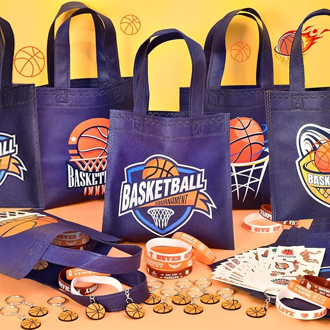 12Sets Basketball Party Favors Birthday Supplies Boy Kid, Tote Bag Silicone Bracelet Keychain Tattoo Sticker Basketball Favors Pinata Filler Goodie Bag Stuffers Basketball Birthday Party Supplies