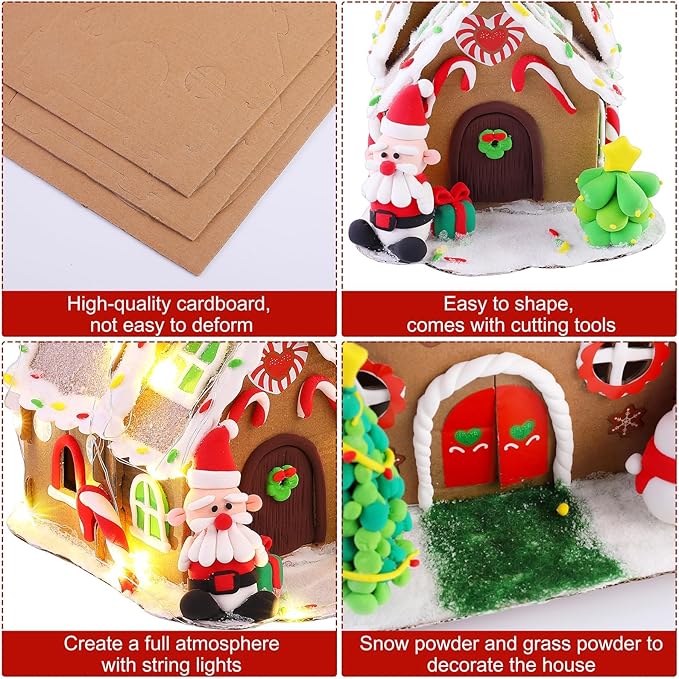 Fovths 4 Sets Clay Christmas Gingerbread House Kit with Lights Craft Cardboard Gingerbread House DIY Christmas Decorations Holiday Activity Arts and Crafts for Christmas Party Supplies Decoration