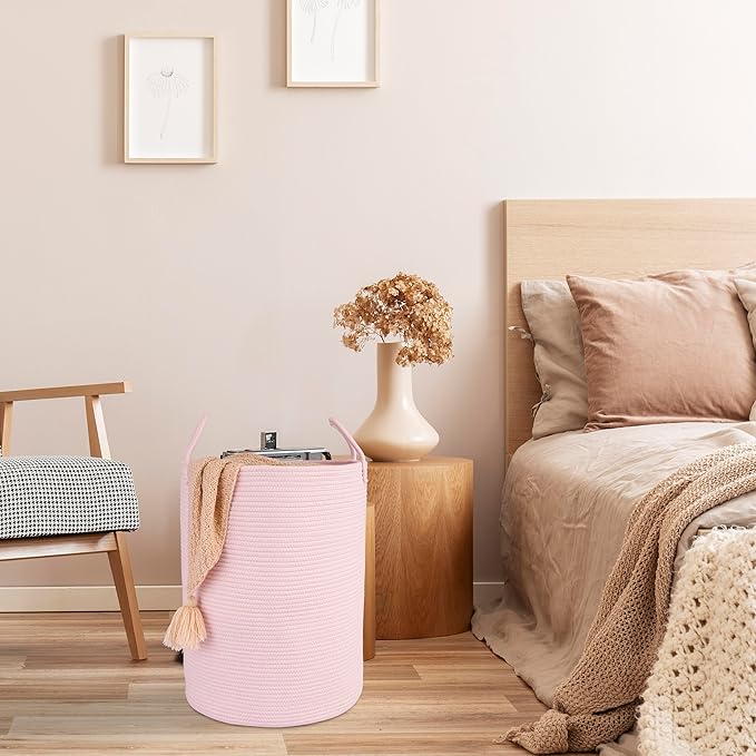 XUANGUO Cotton Rope Laundry Basket Hamper for Clothes Woven Storage Basket for Living Room Bedroom Boho Tall Rope Baskets for Blanket Toys Pillow Towels Baby Nursery Hamper Bin Large light pink