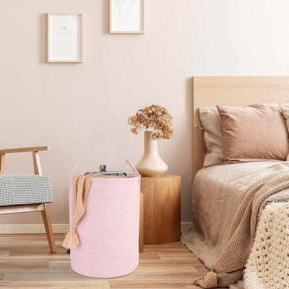 XUANGUO Cotton Rope Laundry Basket Hamper for Clothes Woven Storage Basket for Living Room Bedroom Boho Tall Rope Baskets for Blanket Toys Pillow Towels Baby Nursery Hamper Bin Large light pink