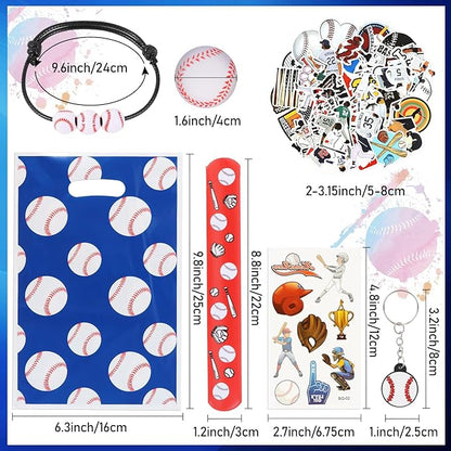 295 Pieces Baseball Party Favors Supplies Set Bulk Mini Baseballs Slap Bracelet Tattoo Sticker Keychain Adjustable Bracelet Goodie Bag Fillers for Sports Baseball Party Gifts Bags (Baseball)