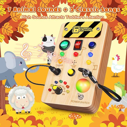 Busy Board Montessori Toys for Toddler, Wooden Sensory Board Switch Toy with Color-Changing LED Light Up Travel Toys Educational Plane Travel Activity for 1-6 Year Old Girls & Boys Gifts