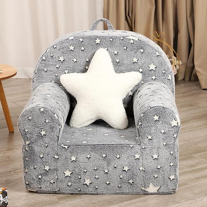 Little Star Kids Sofa with Star Throw Pillow, High Back Toddler Chair Glow in The Dark for Boys and Girls, Grey