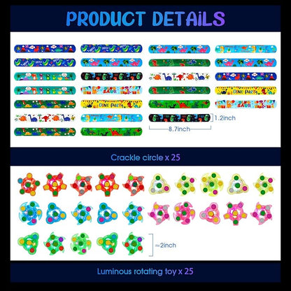 SEKEAHU 25 PCS Light Up Fidget Rotating Toy + 25PCS Slap Bracelets, Dinosaur Valentines Party Favors Stocking Stuffers for Kids 4-8-12 Goodie Bag Stuffers Glow in The Dark Supplies Gifts