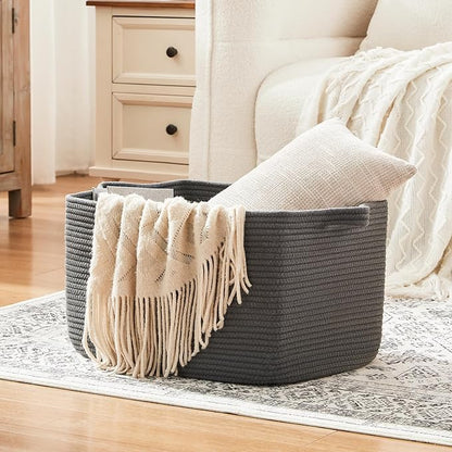 OIASKET Large Toy Basket, Rectangle Woven Rope Storage Basket for Blankets, Dirty Clothes, Shoes, Nursery Organizer Bins (Dark Grey)