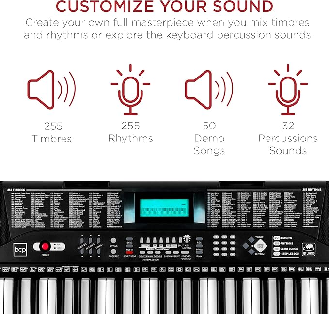 Best Choice Products 61-Key Beginners Complete Electronic Keyboard Piano Set w/Lighted Keys, LCD Screen, Headphones, Stand, Bench, Teaching Modes, Note Stickers, Built-In Speakers - Black