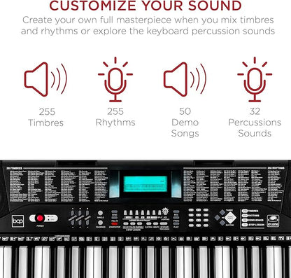 Best Choice Products 61-Key Beginners Complete Electronic Keyboard Piano Set w/Lighted Keys, LCD Screen, Headphones, Stand, Bench, Teaching Modes, Note Stickers, Built-In Speakers - Black