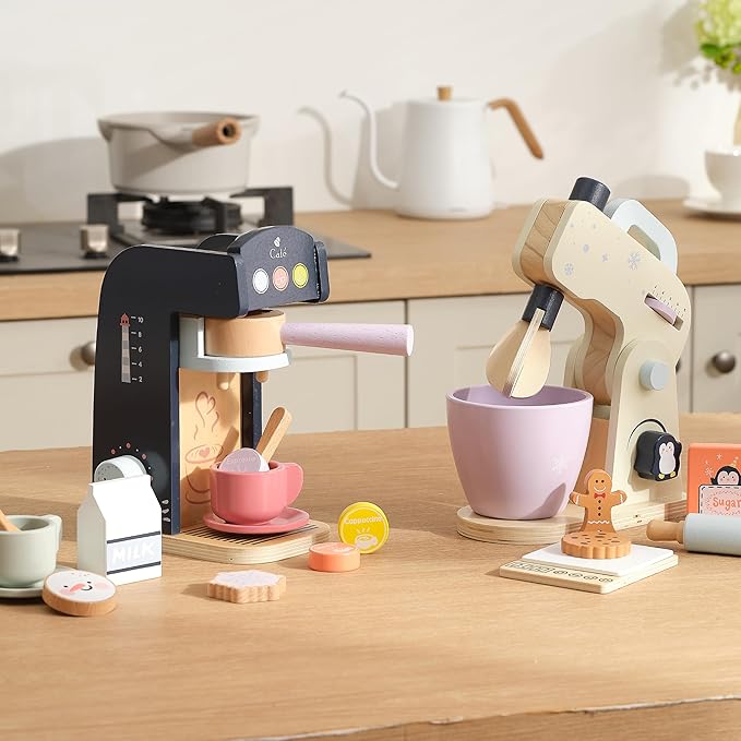 PairPear Kids Coffee Maker Wooden Kitchen Playset, Wooden Toys Play Coffee Maker Set with Play Food for Kids, Toddler Play Kitchen Accessories Gift for Girls and Boys 3+