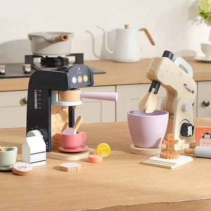 PairPear Kids Coffee Maker Wooden Kitchen Playset, Wooden Toys Play Coffee Maker Set with Play Food for Kids, Toddler Play Kitchen Accessories Gift for Girls and Boys 3+