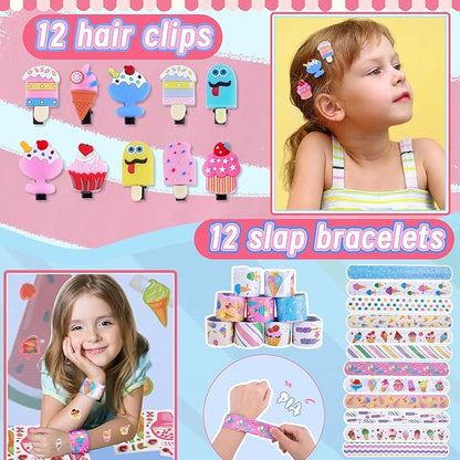 Bluegogo 148 Pcs Ice Cream Party Favors Include Mini Notebook Highlighter DIY Sticker Gift Bag Slap Bracelet Keychain Shoe Charms Hair Clip for Ice Cream Birthday Party Decoration