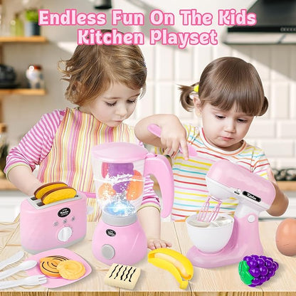deAO Kids Kitchen Playset,28 PCS Kitchen Appliances Toys with Blender,Mixer and Toaster with Realistic Light and Sounds,Pretend Play Toy for Kids Ages 3 4 5