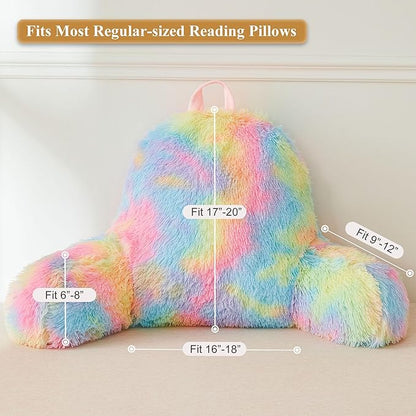 XeGe Fluffy Back Support Pillow Cover for Bed (No Filler), Tie Dye Faux Fur Backrest Pillow Case, Furry Reading Pillow Cover with Arms Adults Kids Girls, Fuzzy Sit Up Study Pillow for Floor, Rainbow
