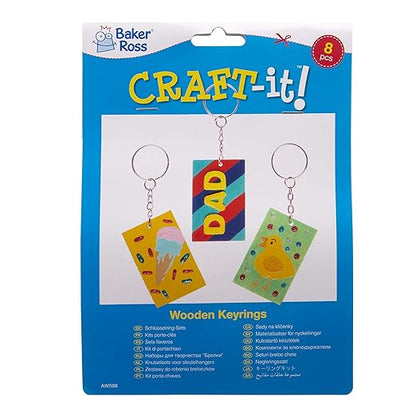 Baker Ross AW598 Wooden Rectangle Keyring Kit - Pack of 4, for Kids to Assemble and Attach to Key Rings and Bags