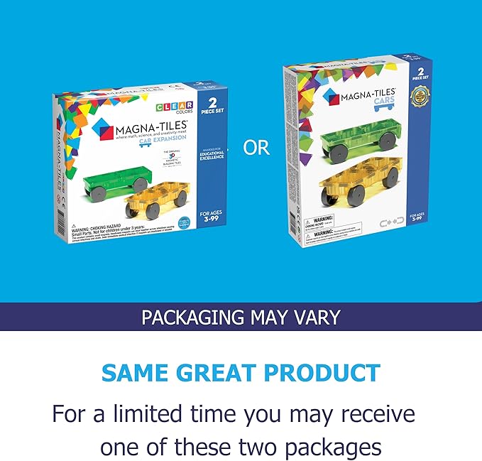 MAGNA-TILES Cars – Green & Yellow 2-Piece Magnetic Construction Set, The ORIGINAL Magnetic Building Brand