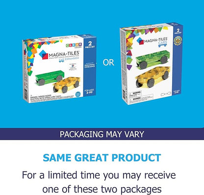 MAGNA-TILES Cars – Green & Yellow 2-Piece Magnetic Construction Set, The ORIGINAL Magnetic Building Brand