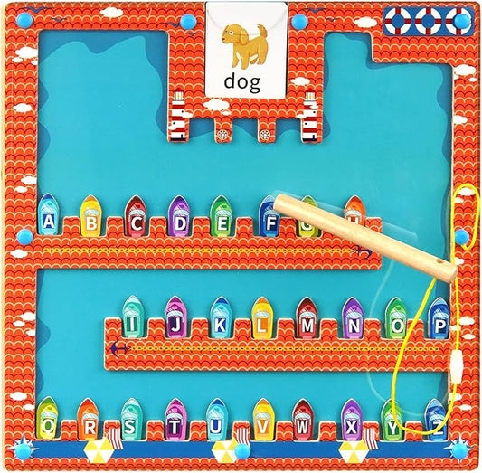 Wooden Magnetic Alphabet Maze, Montessori Fine Motor Skills Toys for 3+ Year Old Boys and Girls, Magnetic Ship Letter Puzzle Board for Toddler Preschool Learning Activities