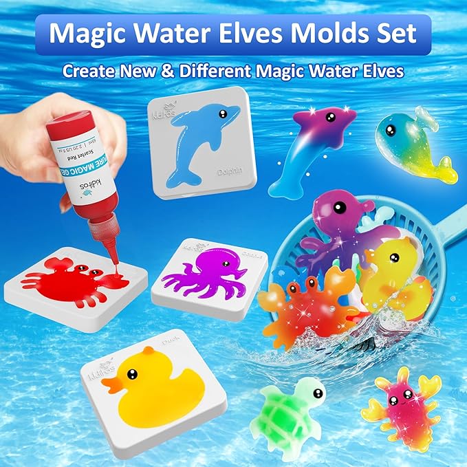Kiditos Magic Water Elf Sea Creature Mold Set – 10 Reusable BPA Free Plastic Shapes for Creating Colorful Water Elves, STEM Craft Toy for Kids