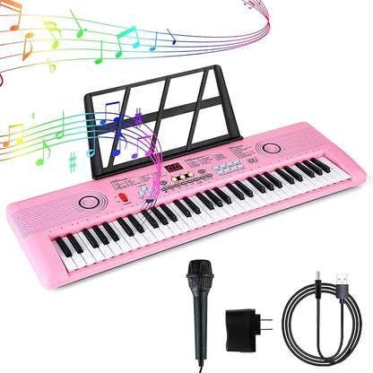Keyboard Piano 61 Key Electric Digital Piano Music keyboard w/Microphone Portable Piano For Kids Beginner Birthday Christmas Gifts Pink