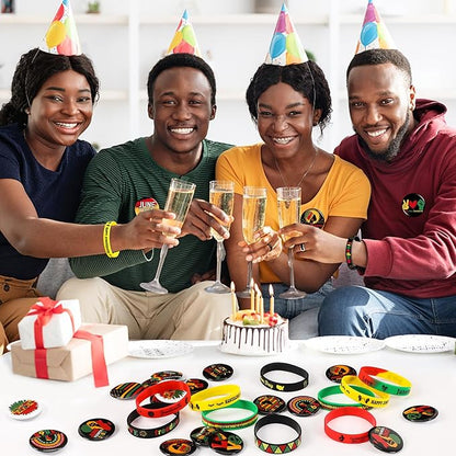 64PCS Happy Juneteenth Day Party Favors Supplies Freedom Day Button Badges Pins Silicone Bracelets for African American Juneteenth Free-ish Since 1865 Party Decorations Bag Stuff Fillers