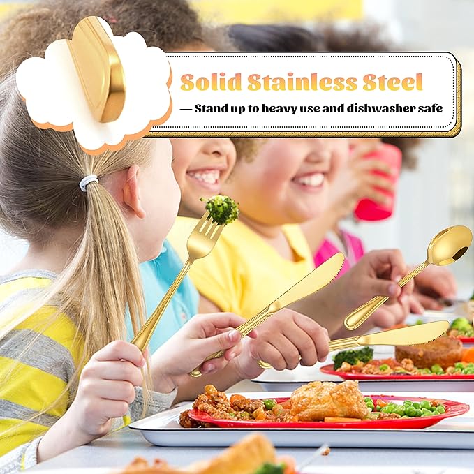 12-Piece Gold Kids Silverware, E-far Stainless Steel Toddler Kids Utensils Safe for Preschooler/Children, Includes 4 Forks 4 Spoons 4 Knife, Slimline Look & Small Size, Healthy & Rust Free