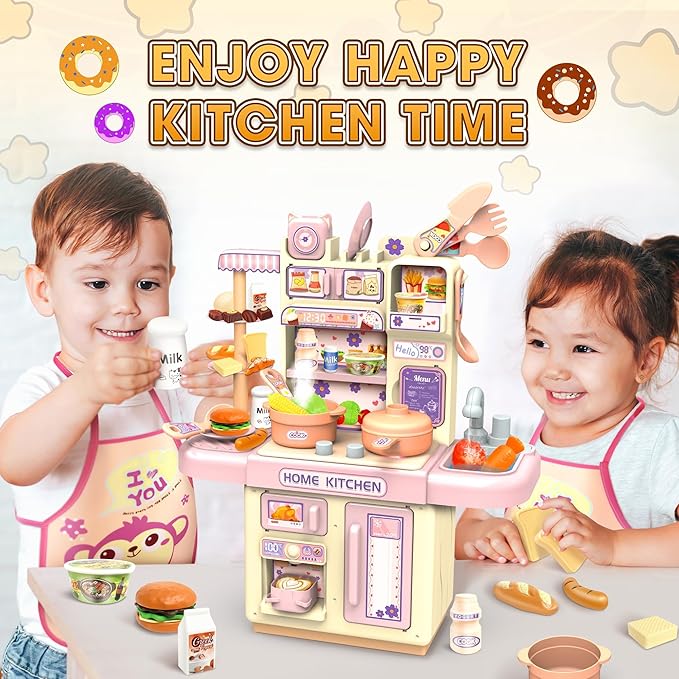 Mini Kids Kitchen Playset with Apron, Play Kitchen Toy with Realistic Steam and Lights, Play Sink and Toy Kitchen Accessories, Pretend Play Gift for Toddlers 3-5 Boys Girls (Pink)