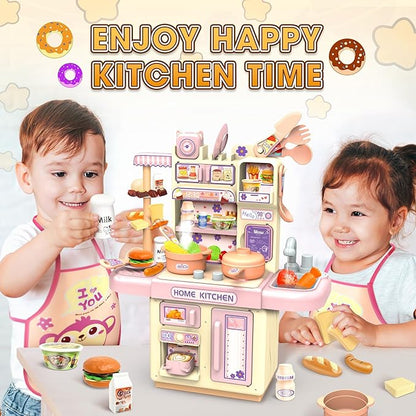 Mini Kids Kitchen Playset with Apron, Play Kitchen Toy with Realistic Steam and Lights, Play Sink and Toy Kitchen Accessories, Pretend Play Gift for Toddlers 3-5 Boys Girls (Pink)