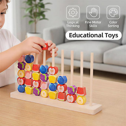 Wooden Fruit Sorting Stacking Toys for Toddlers - Montessori Logic Puzzle Game, Color Matching & Fine Motor Skills Educational Learning Gift for 3 4 5 Year Old Kids, Brain Teaser with Fruit Blocks