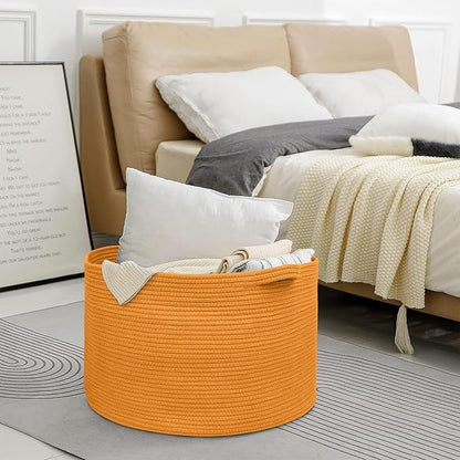 MEGASKET Extra Large Orange Basket, 22" X 22" X 14" Woven Cotton Rope Bins for Blankets, Baby Nursery Wicker Laundry Towel Basket, Kids Dog Toy Storage Box, Big Orange Living Room Decor Organizer