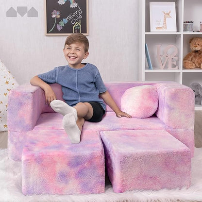 Kids Modular Sofa Unicorn Fur with Round Pillow, Kids Sofa for Toddler and Baby Playroom/Bedroom Furniture with Bonus Pillow