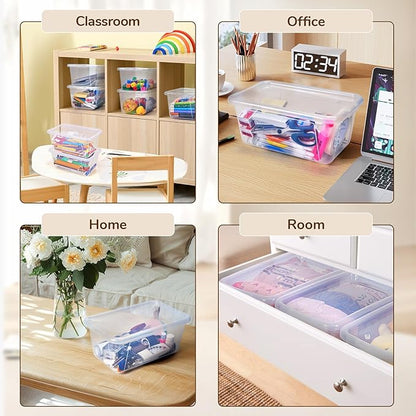 GAMENOTE 6 Quart Storage Bins with Lids, Plastic Latching Box for Classroom & Kids Toy Storage,Stackable Shoe Box Size Containers for STEM Morning Tubs, Crafts & Building Blocks (12, Clear)