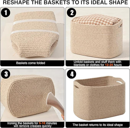 ICERZCZ Decorative Storage Baskets for Organizing Shelves, Toy Basket for Nursery, Woven Cotton Rope Baskets for Decor, Towel Basket for Bathroom, 15"x11"x9.5", 3 Packs, Brown